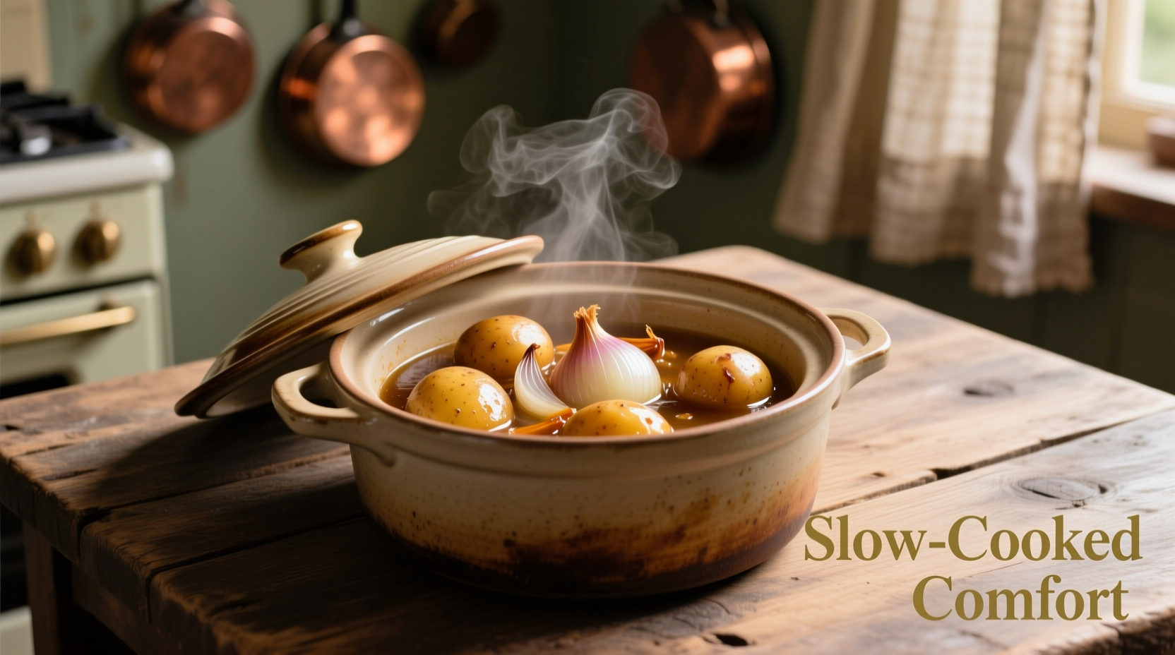 Slow cooker filled with golden potatoes and onions