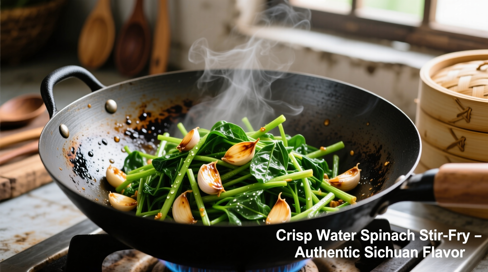 Crisp water spinach stir-fry in wok with garlic
