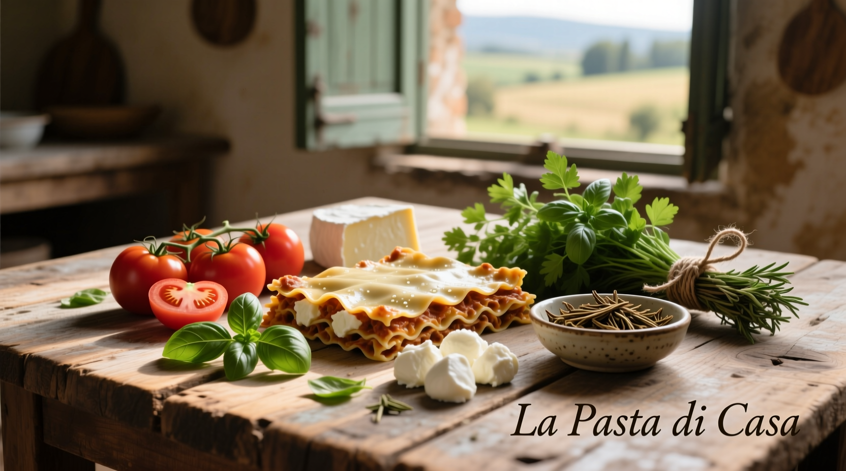 Lasagna ingredients arranged on wooden table with herbs