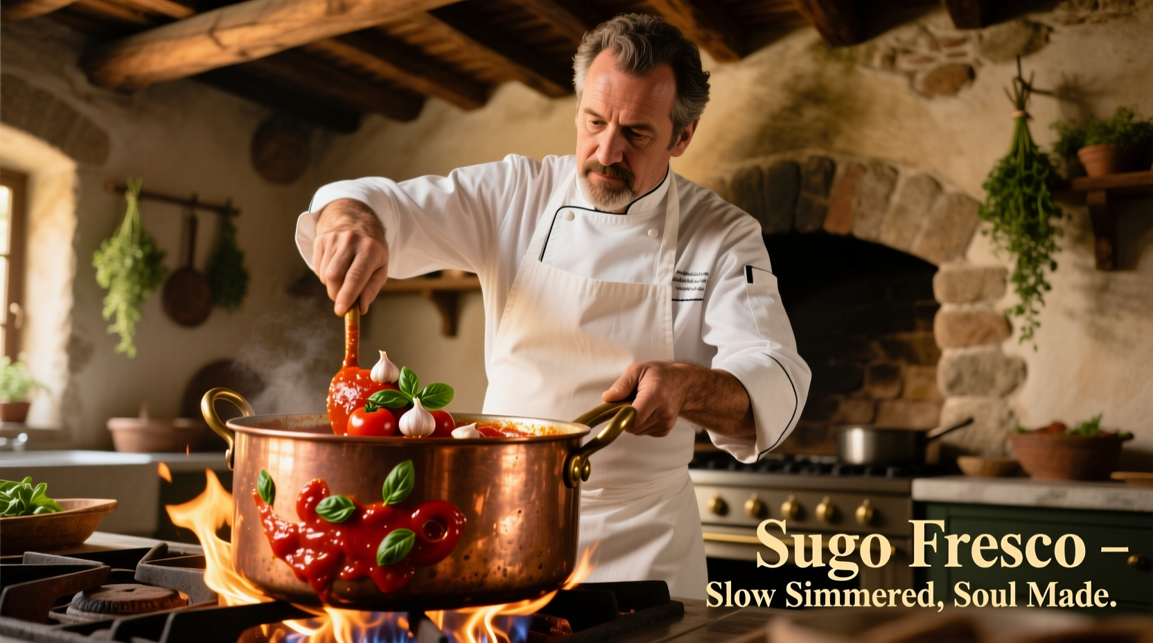 Chef stirring tomato sauce in copper pot