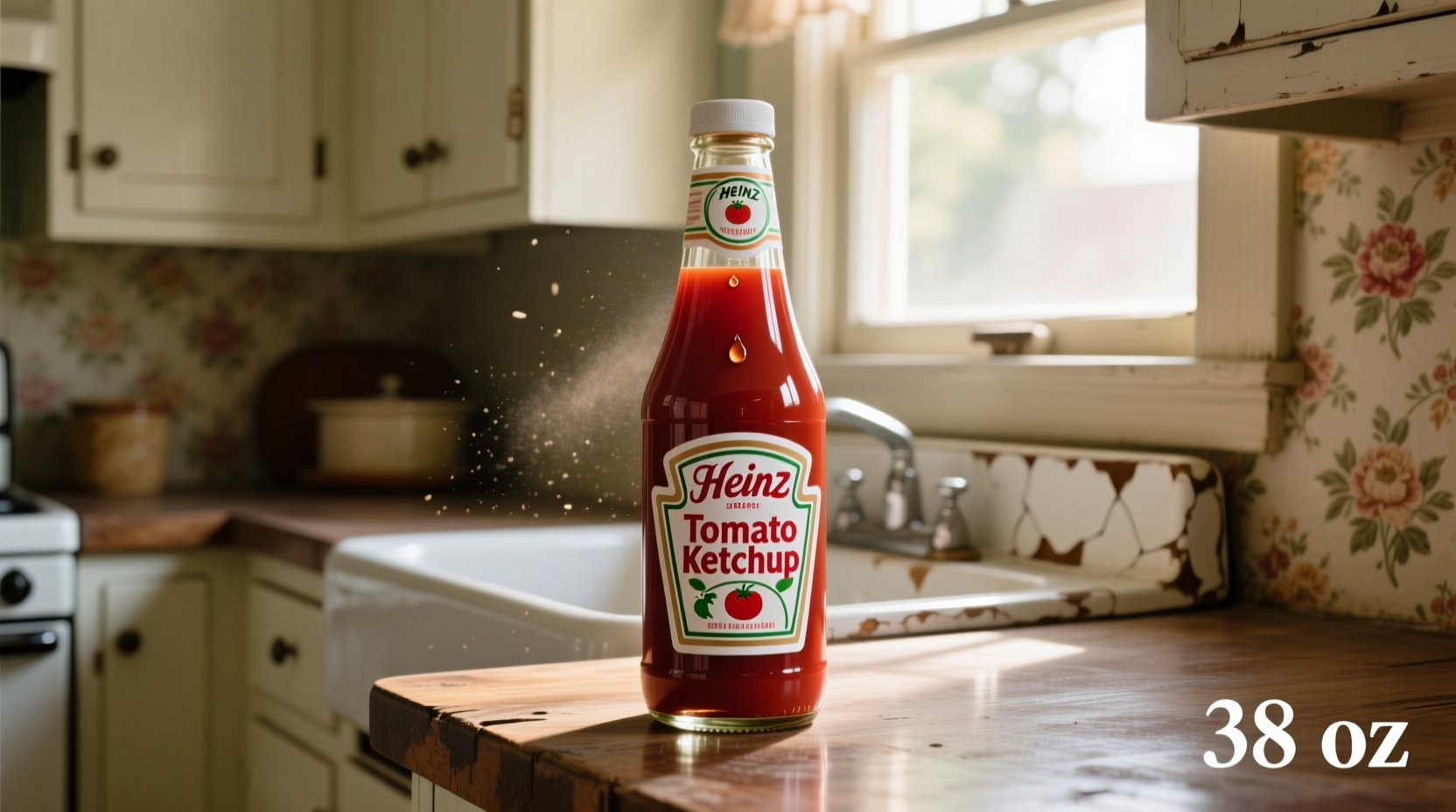 Heinz Tomato Ketchup 38oz bottle on kitchen counter