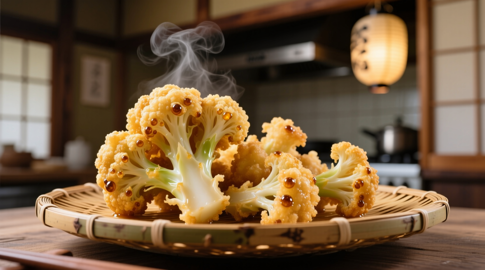 Crispy golden tempura cauliflower on bamboo plate
