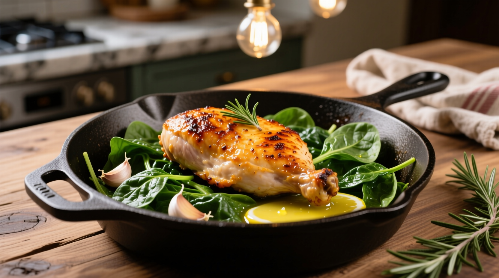 Perfectly cooked chicken with fresh spinach in skillet