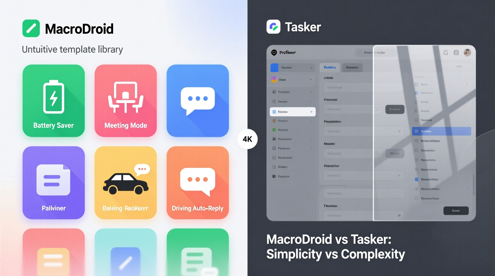 Side-by-side comparison showing MacroDroid's template library (with icons for 'Battery Saver', 'Meeting Mode', 'Driving Auto-Reply') next to Tasker's dense profile editor with unlabeled fields and nested tabs