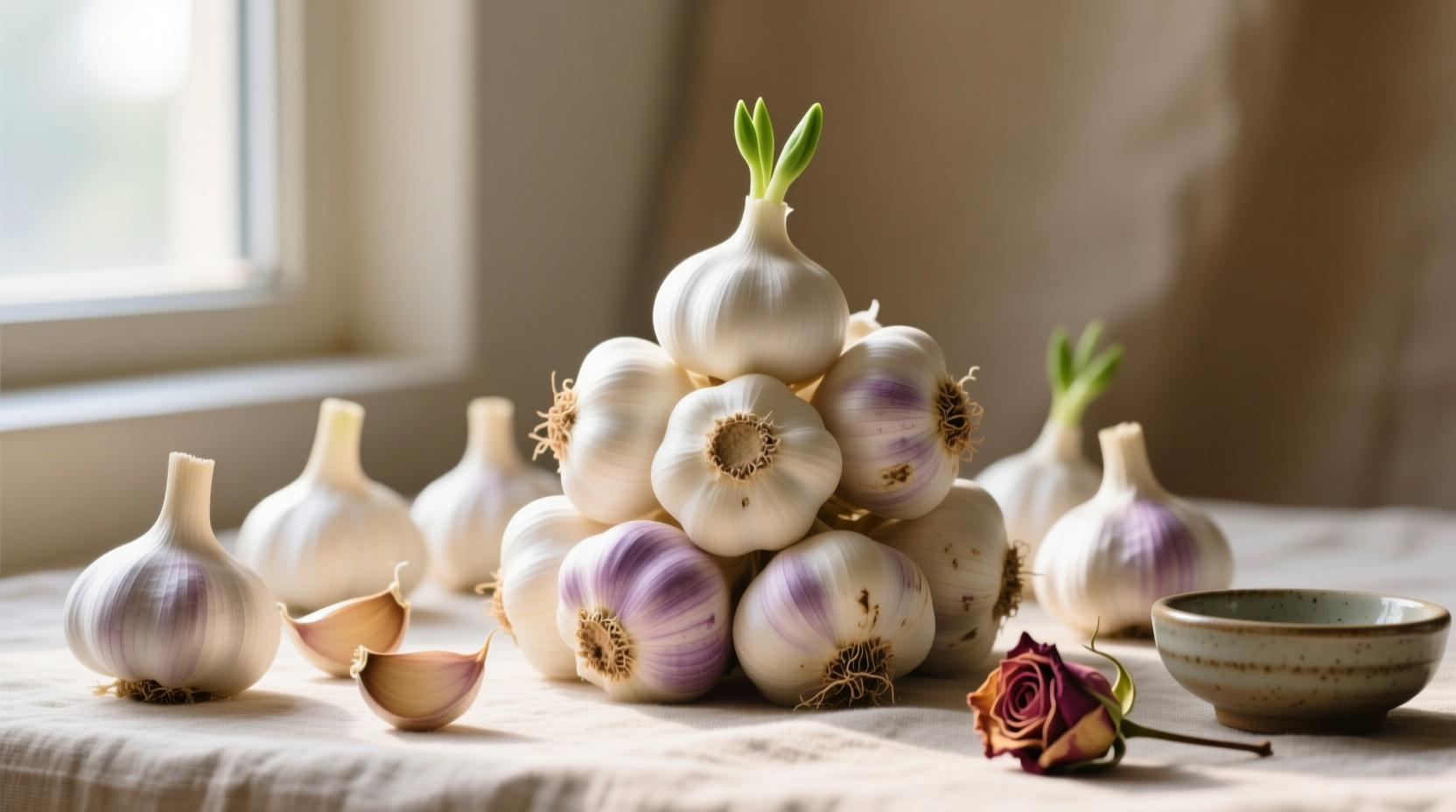 Professional garlic photography setup with natural lighting