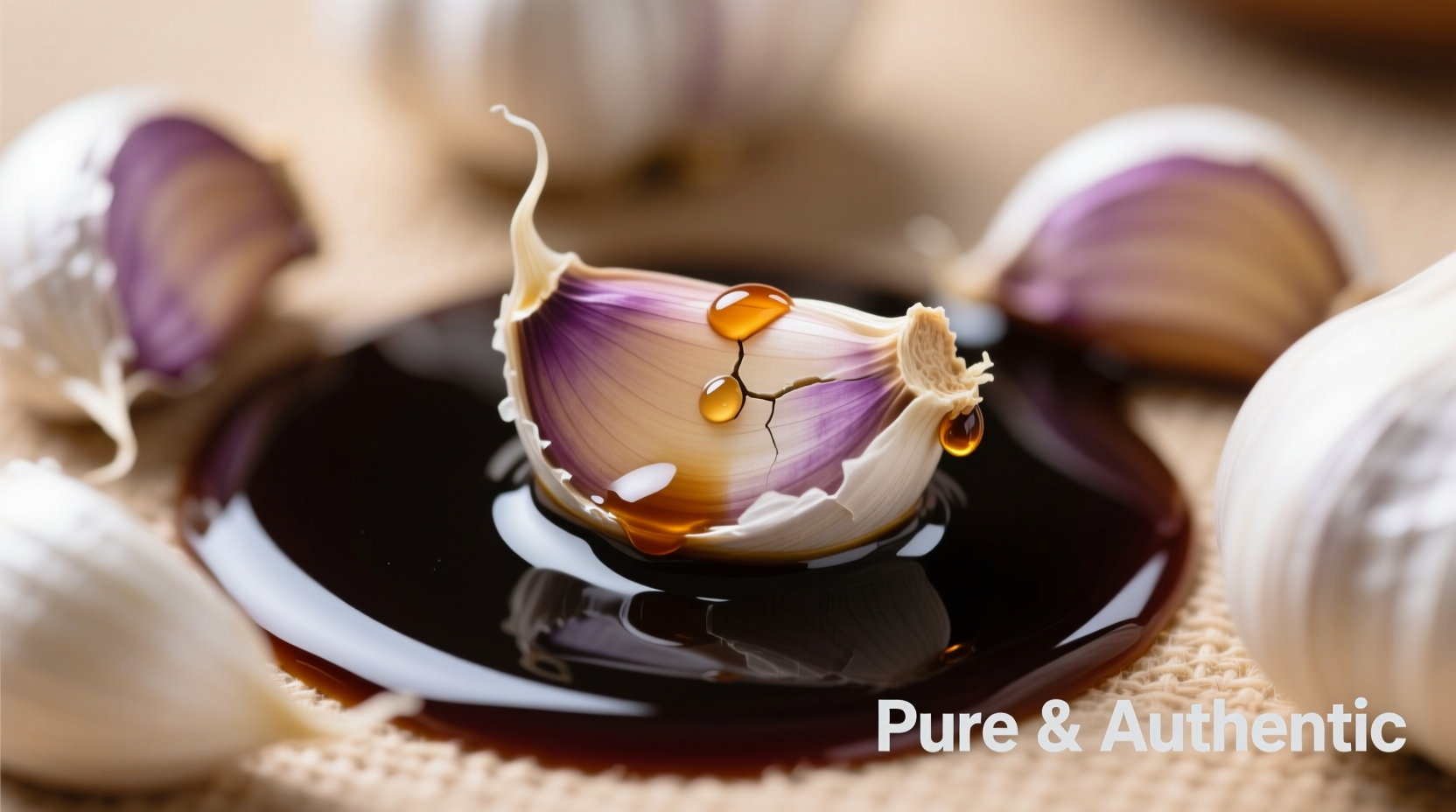 Close-up of soy sauce and fresh garlic cloves