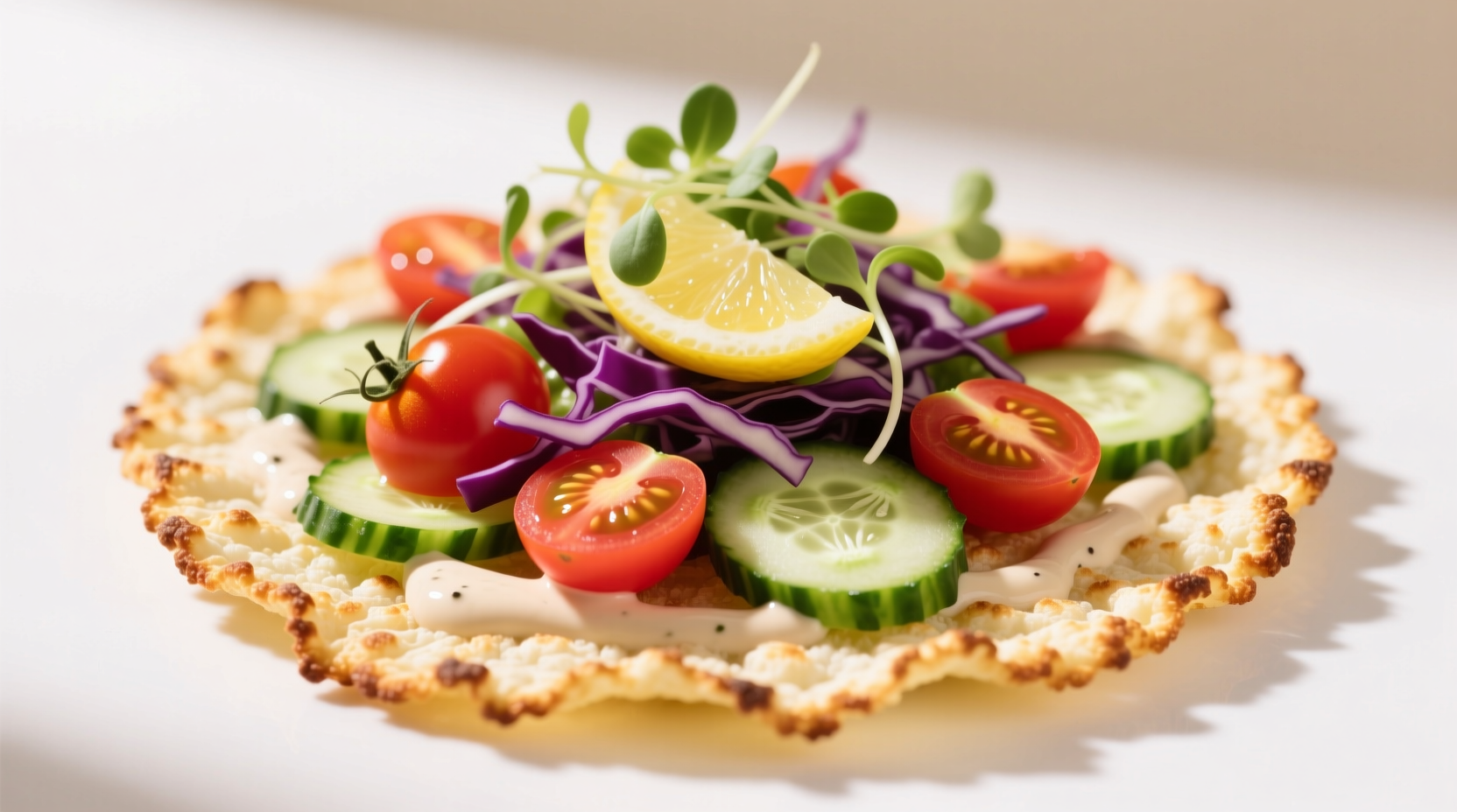 Cauliflower thins topped with fresh vegetables
