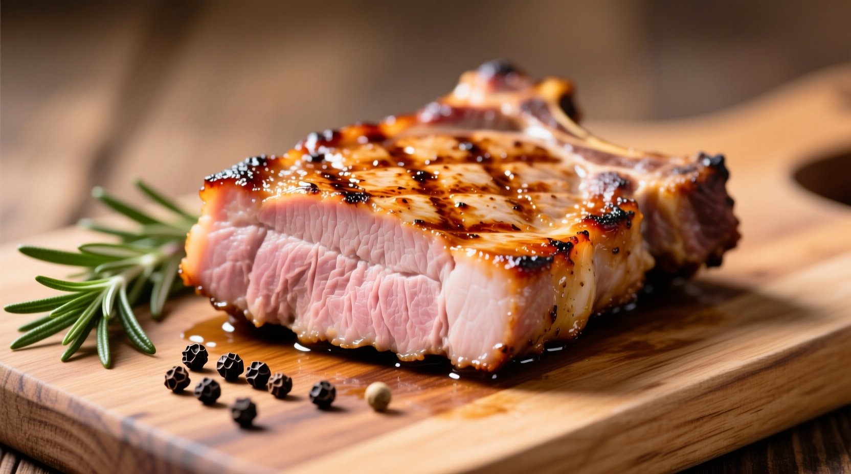 Perfectly cooked pork loin chops on cutting board