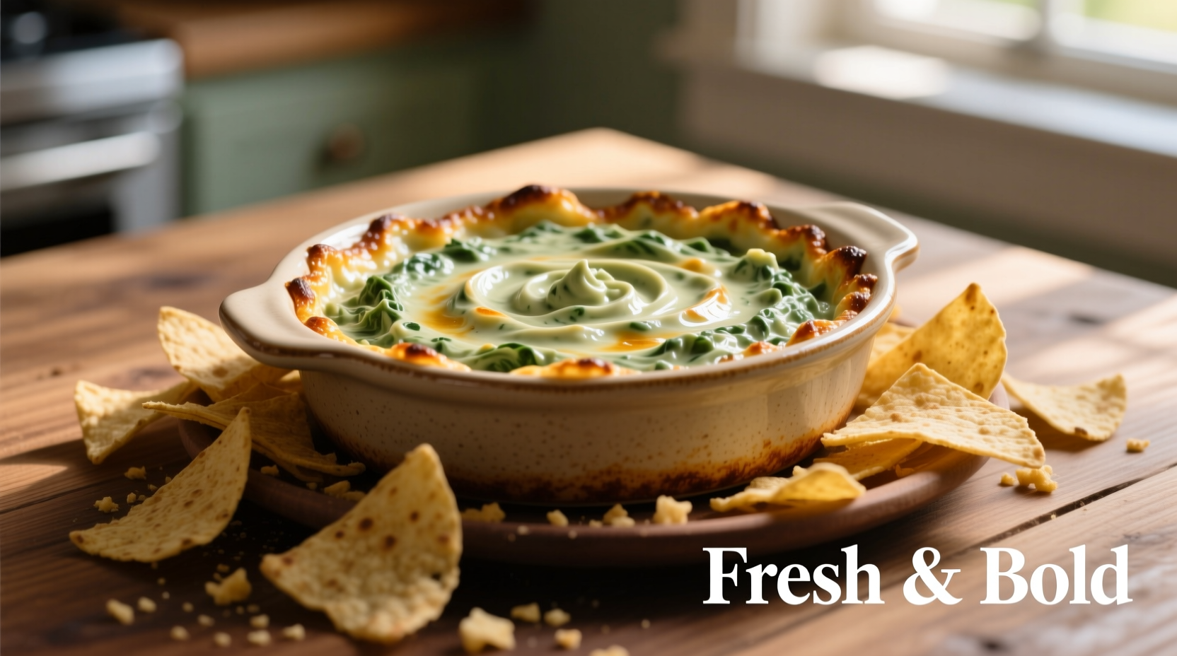 Creamy spinach dip in oven dish with chips