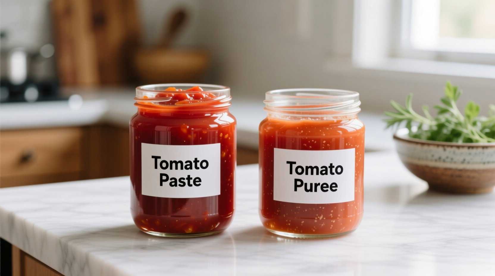 Tomato paste and puree side by side in clear containers