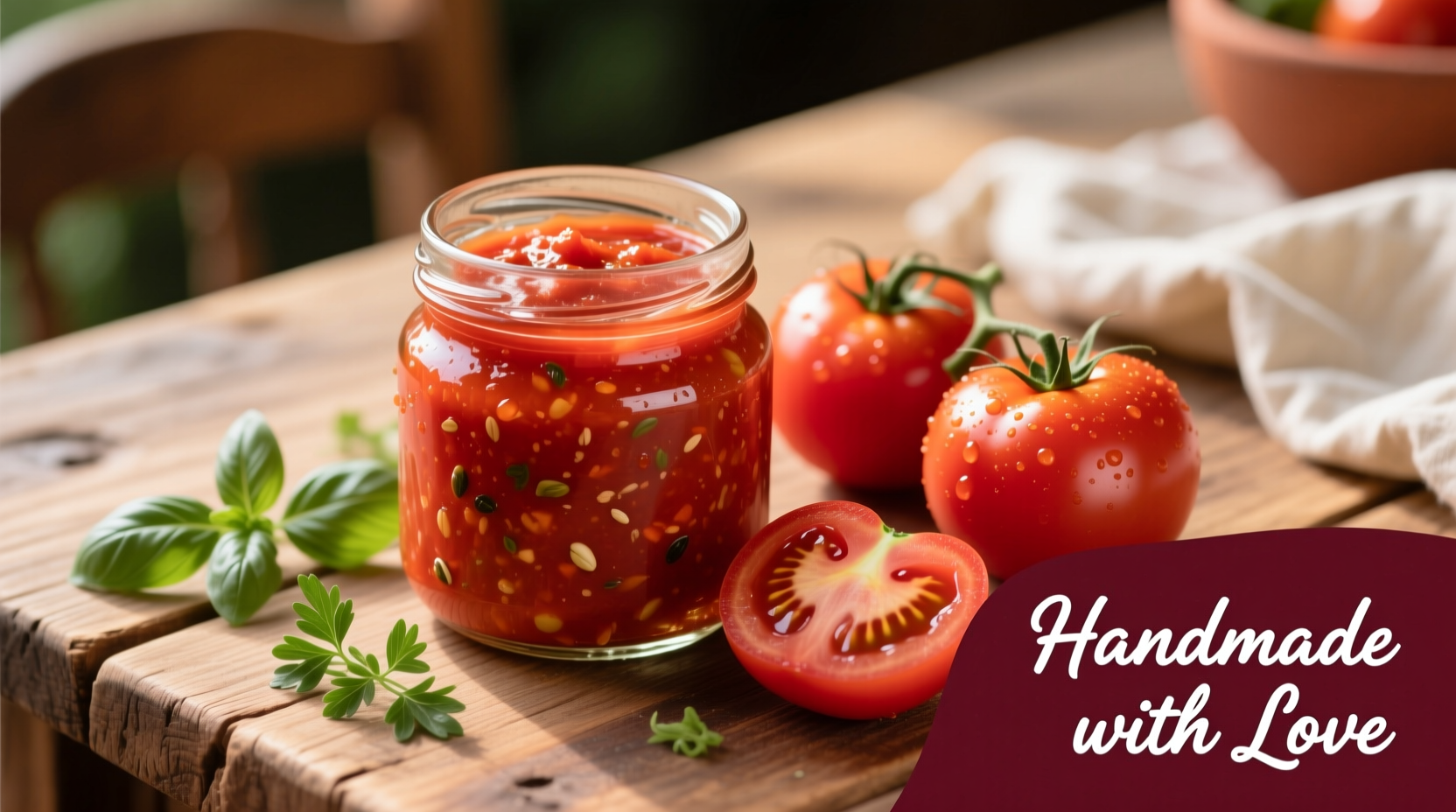 Homemade tomato puree in glass jar with fresh tomatoes