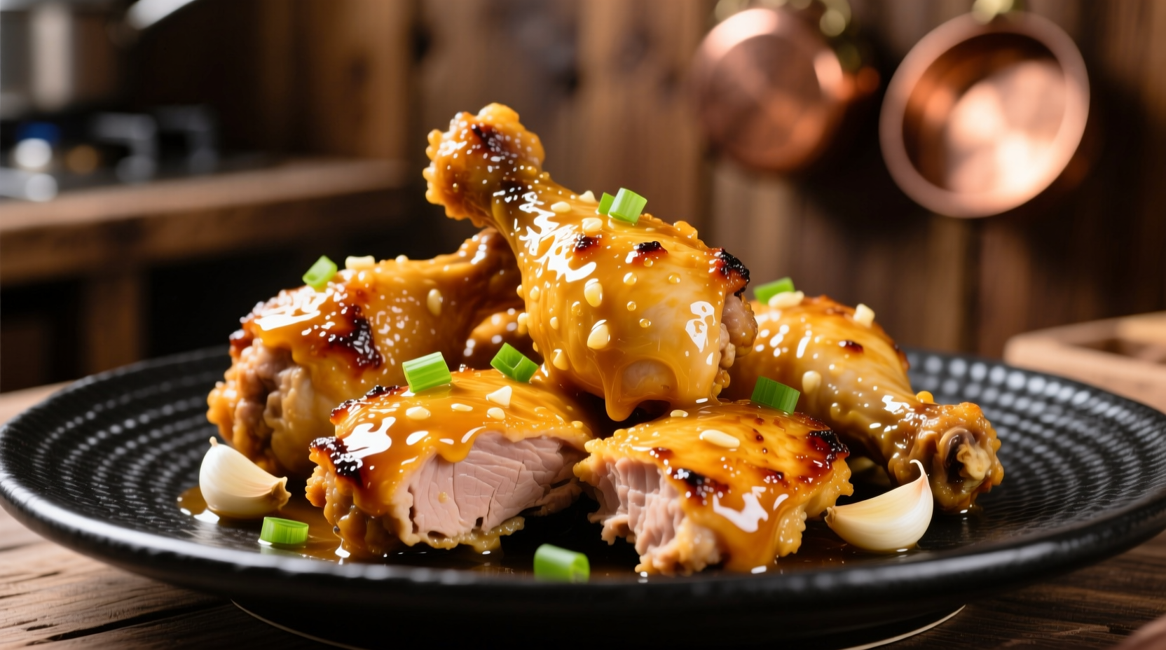 Golden chicken pieces coated in glossy garlic sauce