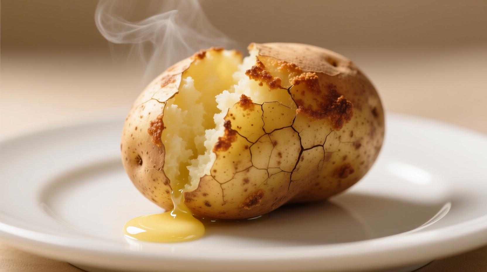 Perfectly baked russet potato with crispy skin on a white plate