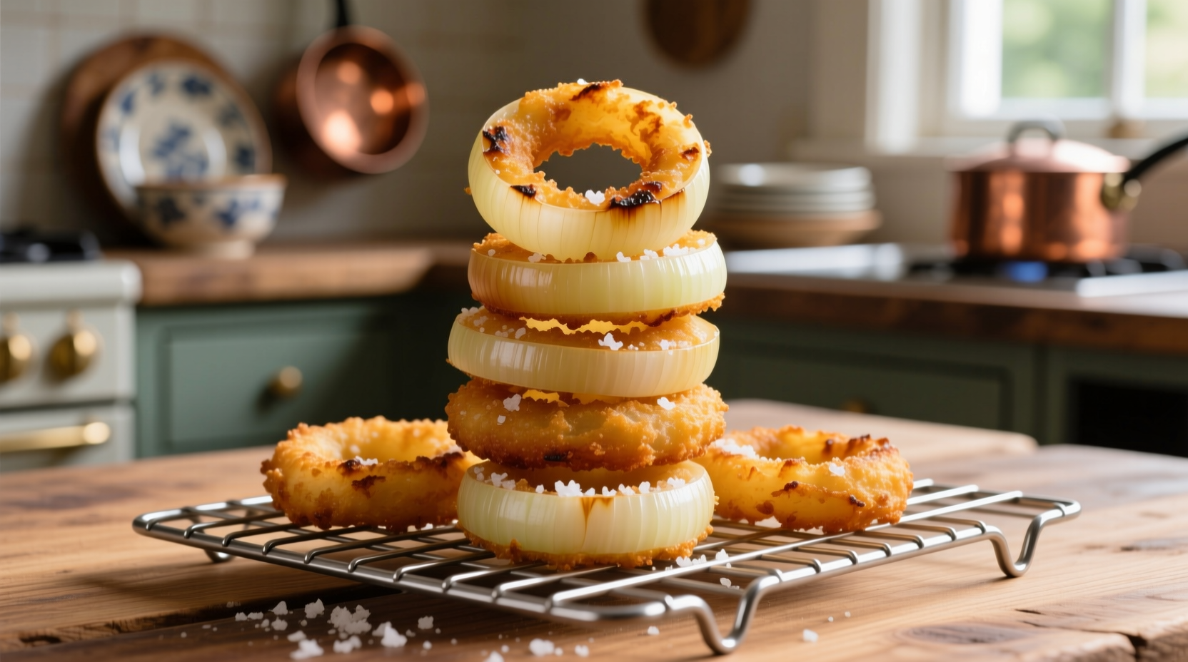 Crispy golden onion rings on wire rack