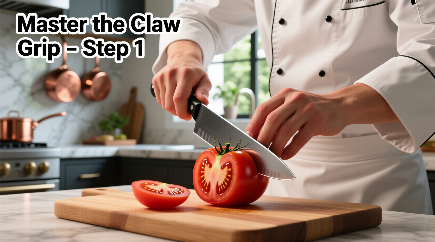 Chef demonstrating proper claw grip while slicing ripe tomato