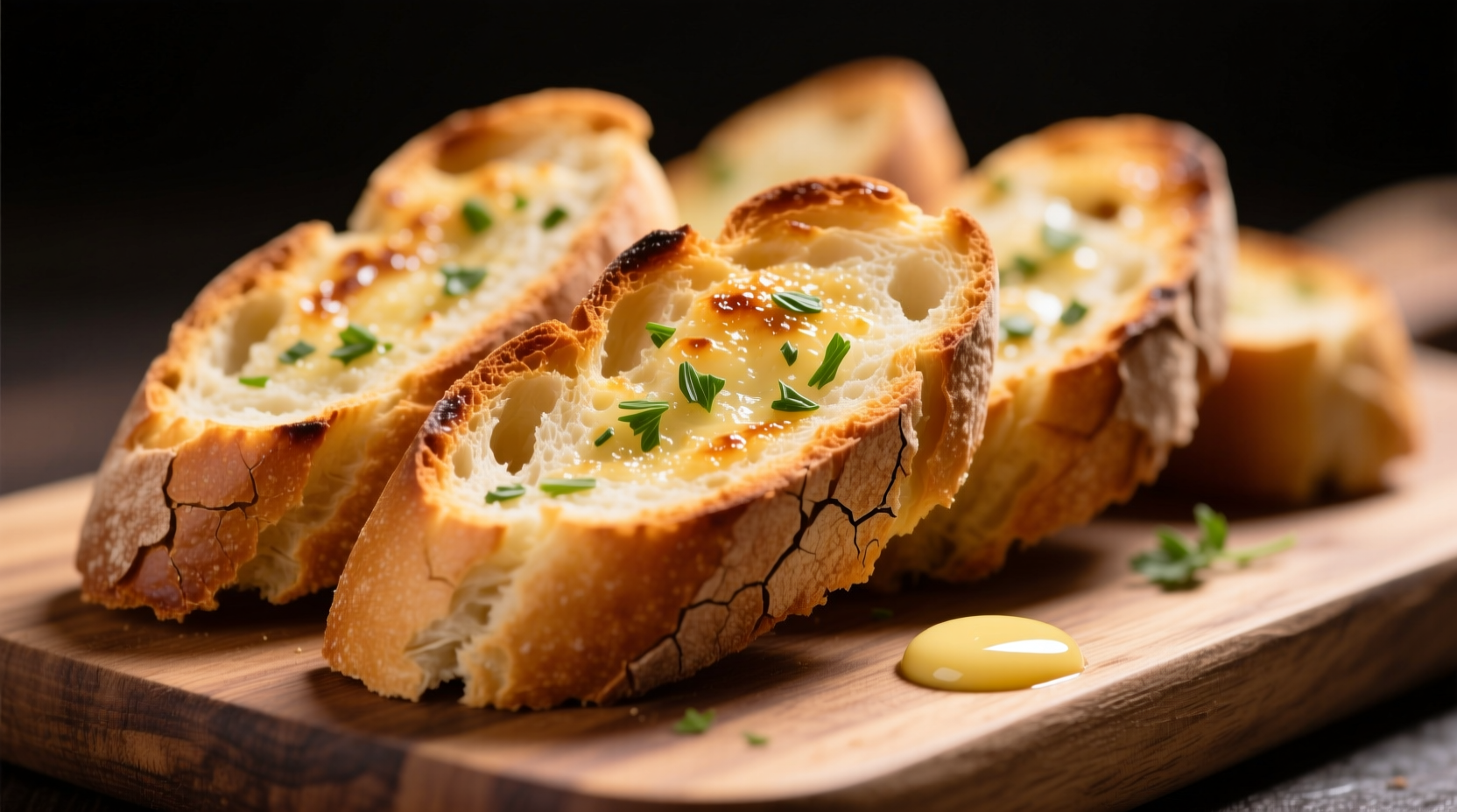 Perfectly toasted garlic bread with golden edges