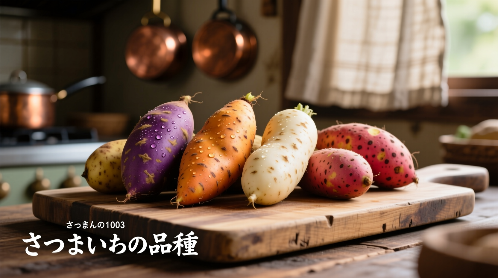 Japanese sweet potato varieties on wooden cutting board