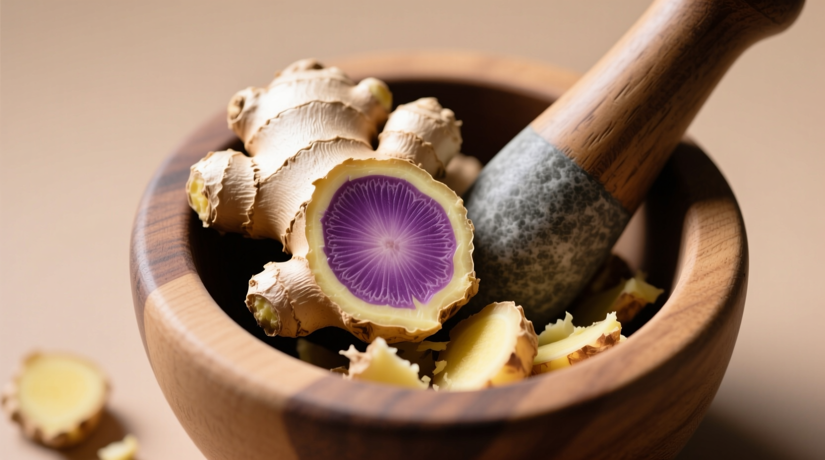 Black ginger powder in mortar with fresh slices showing purple core