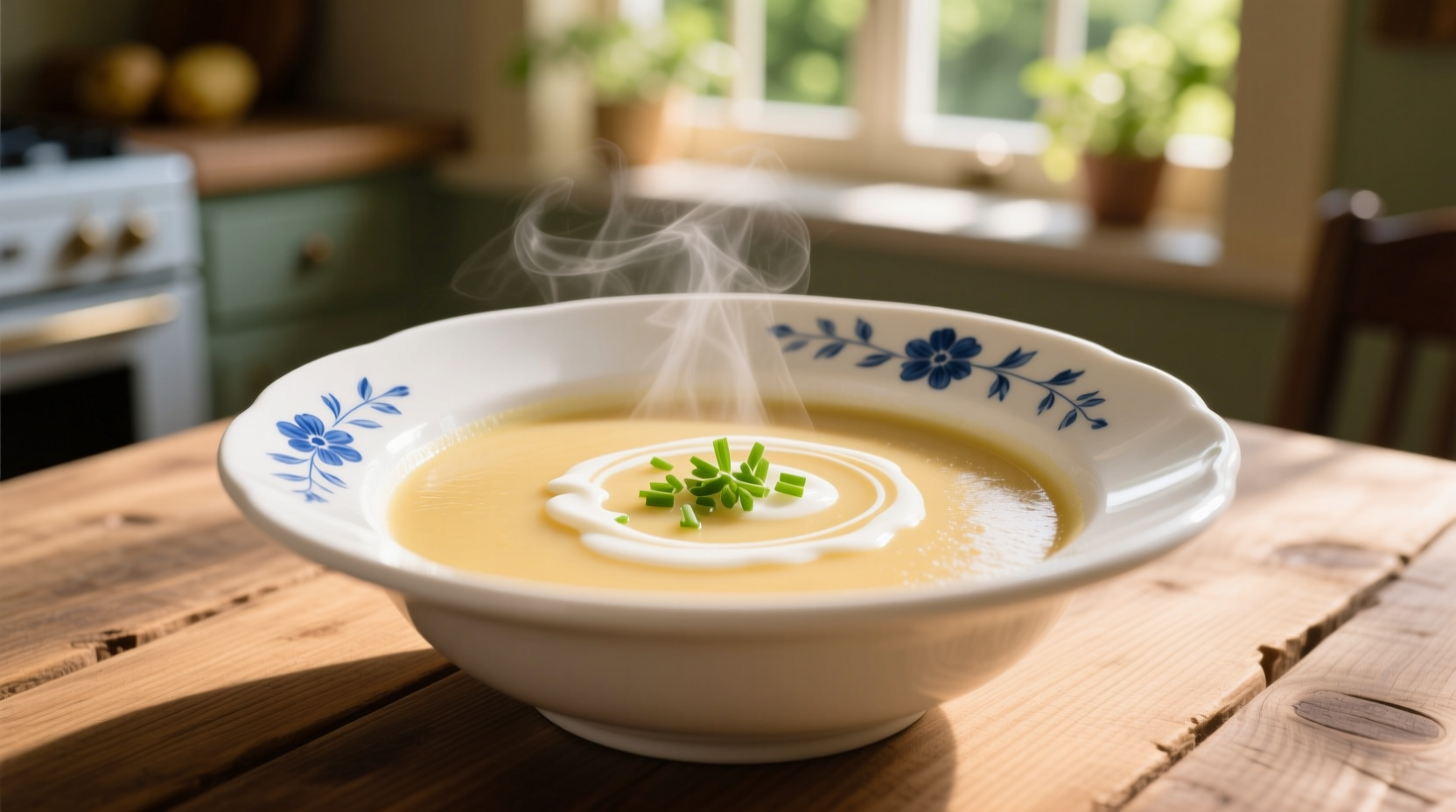 Creamy potato soup with evaporated milk in white bowl