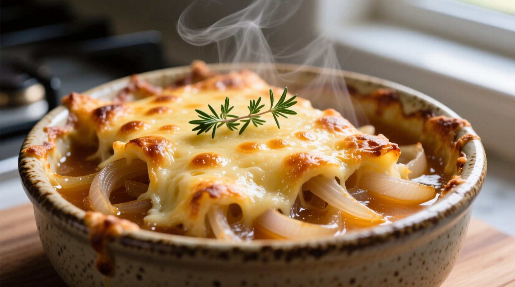 Golden French onion soup with melted Gruyère cheese crust