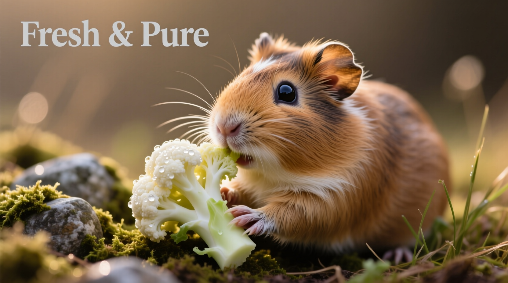 Guinea pig nibbling fresh cauliflower floret