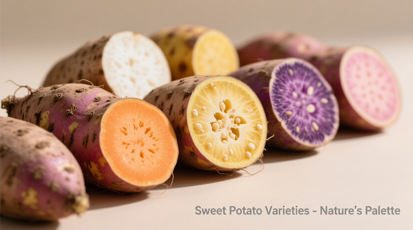 Close-up of different sweet potato varieties showing skin and flesh colors