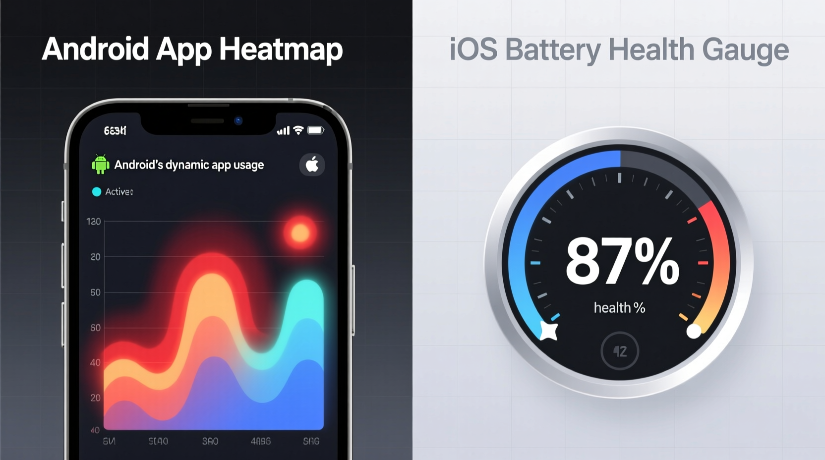 Side-by-side visualization of Android's app usage heatmap versus iOS's static battery health percentage gauge, highlighting dynamic adaptation versus static reporting