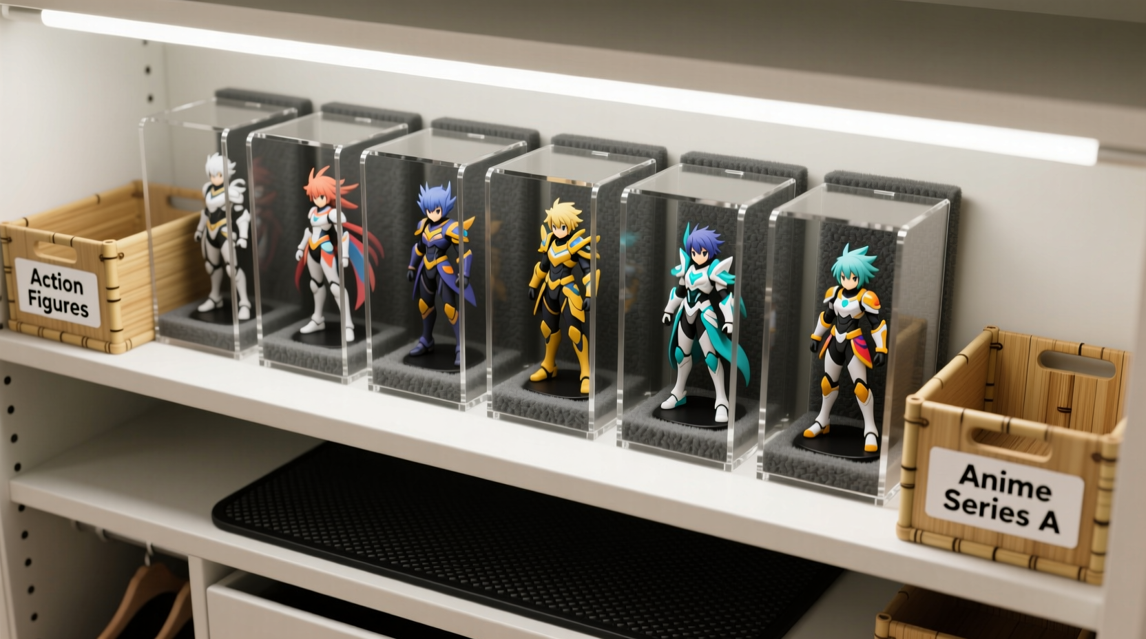A narrow, deep closet showing white matte stackable bins arranged vertically along the back wall, each holding anime figure display stands upright with bases resting on the bin floor and arms pointing inward; hanging garments are clearly visible and unobstructed on rods above, with soft LED strip lighting running along the top shelf edge