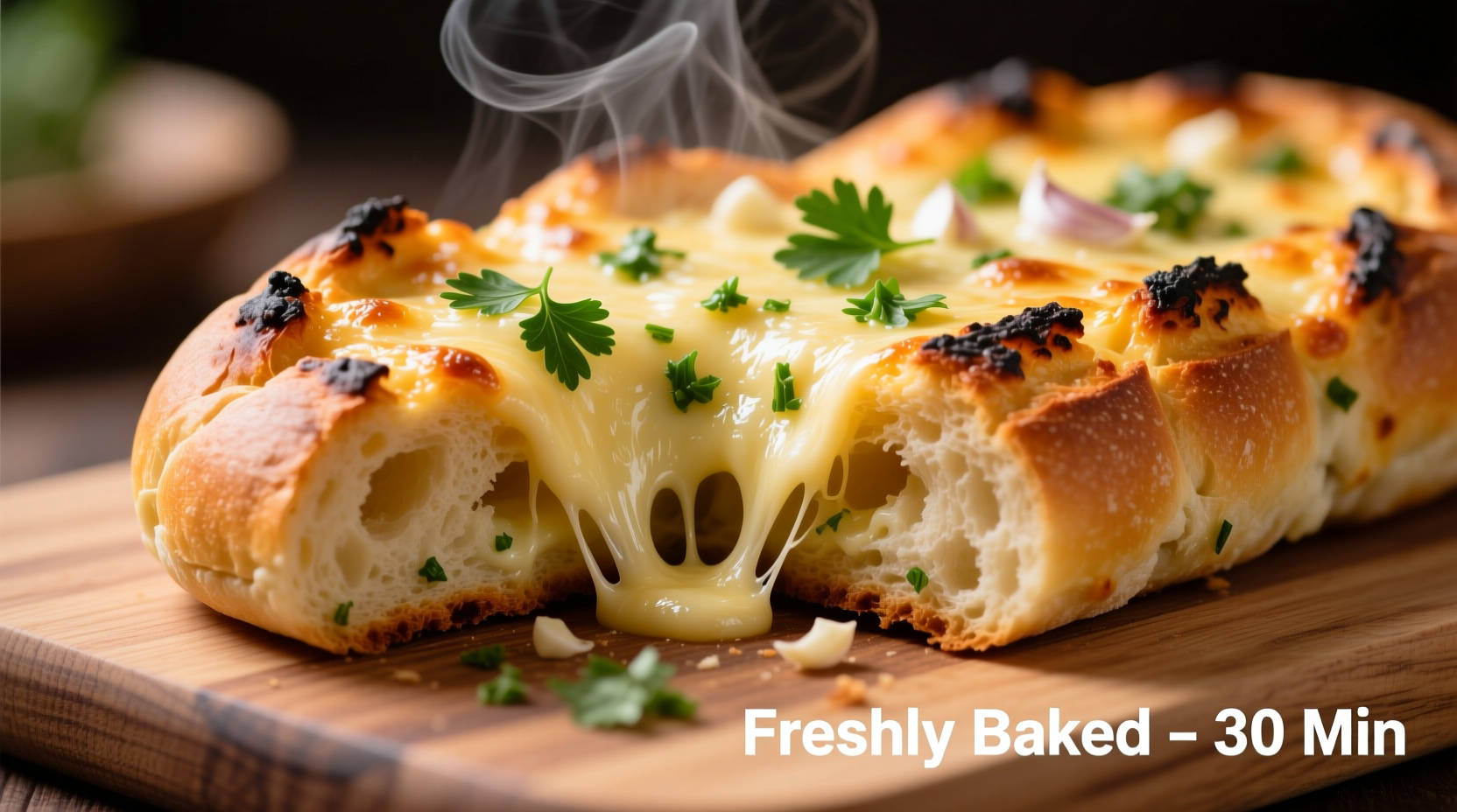 Freshly baked cheese garlic bread with melted cheese and herbs