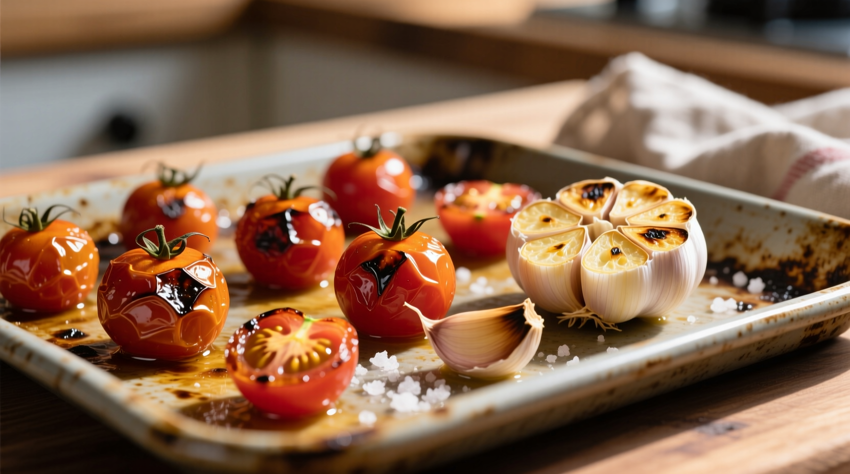 Roasted cherry tomatoes and garlic on baking sheet