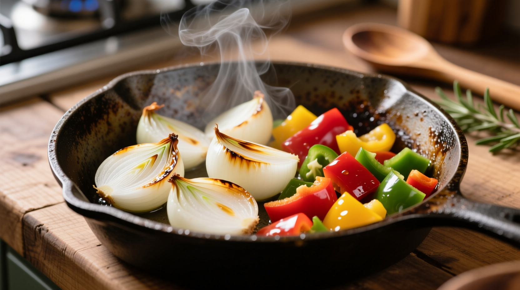 Sliced white onions sizzling in cast iron skillet with bell peppers