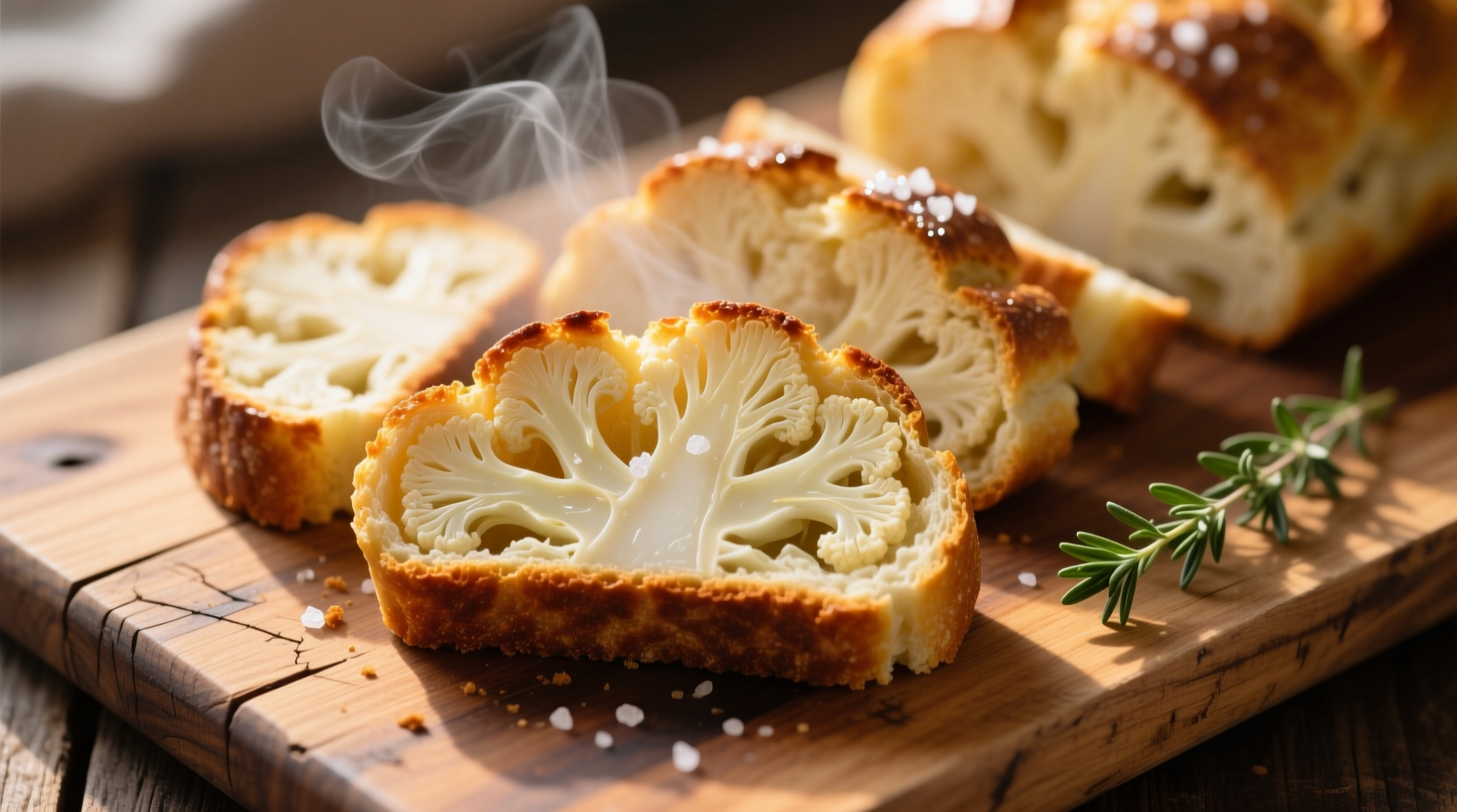 Homemade cauliflower bread slices on wooden board