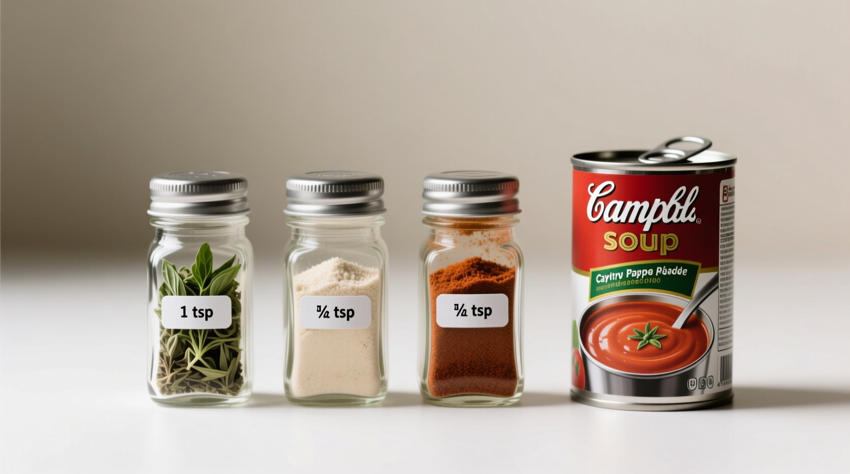 Close-up of dried basil, garlic powder and cayenne in glass jars next to can of tomato soup showing precise measurements
