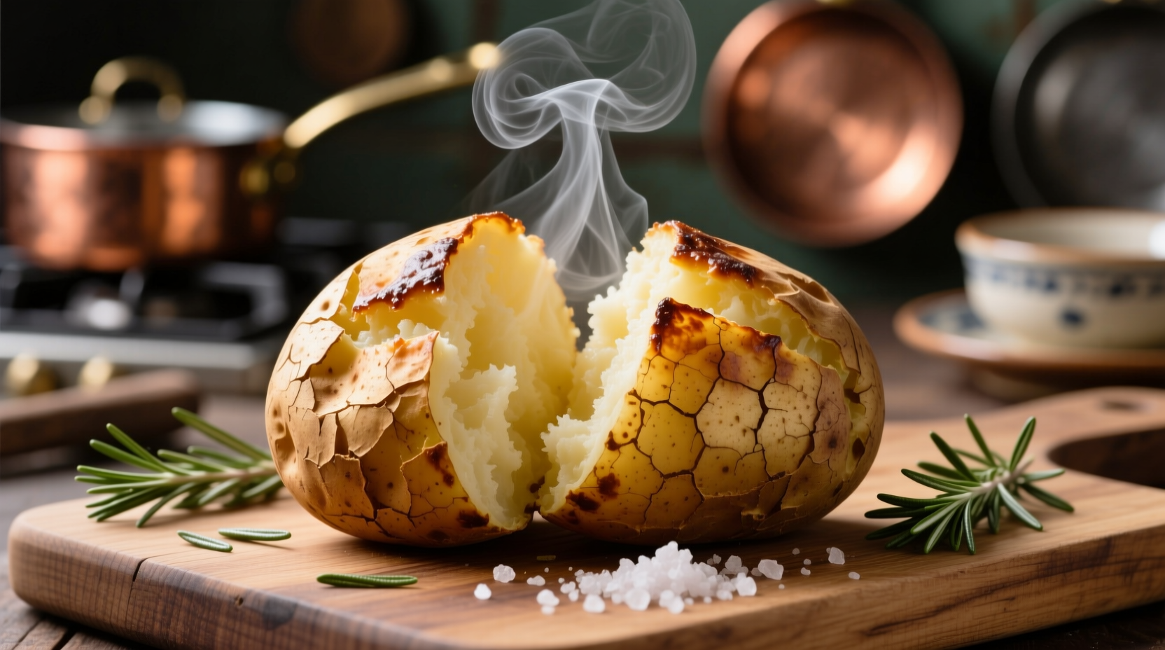 Perfectly baked jacket potato with steam rising