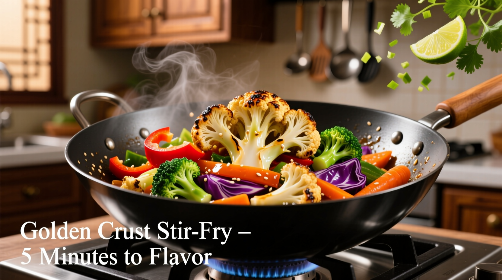 Golden-brown cauliflower florets in wok with colorful vegetables