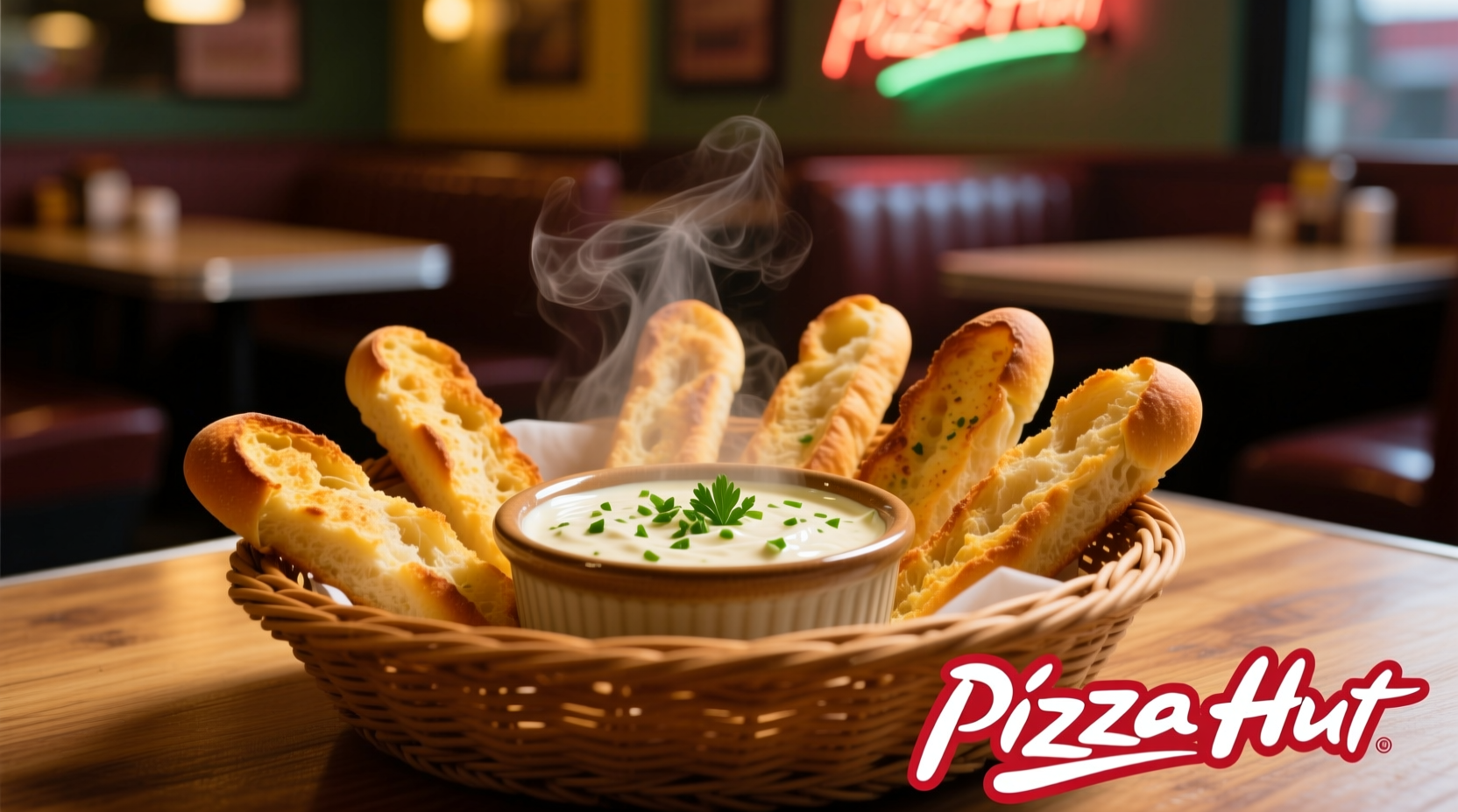 Pizza Hut garlic dip served with warm breadsticks