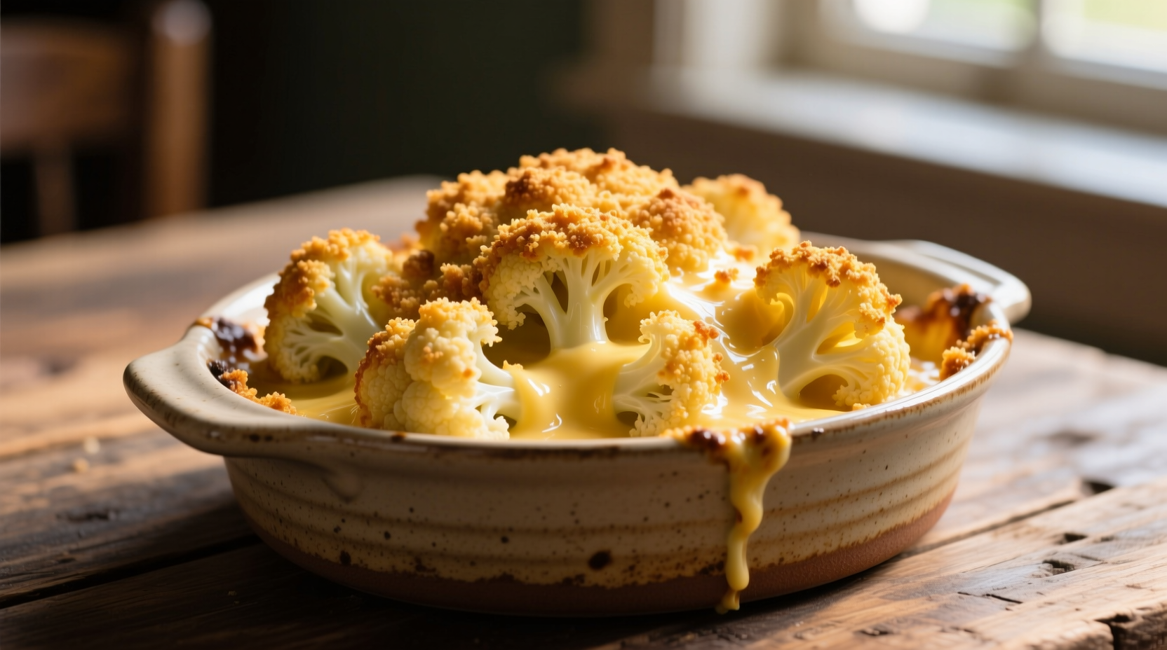 Golden baked cauliflower cheese in ceramic dish with breadcrumb topping
