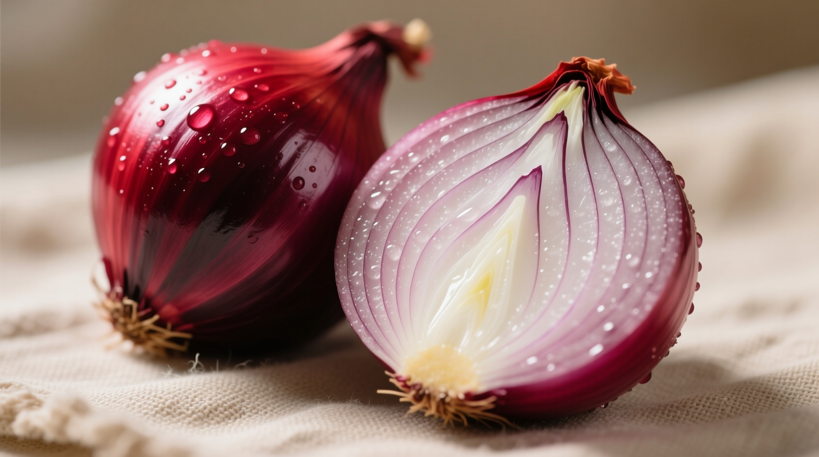 Fresh red onions with skin and cross-section