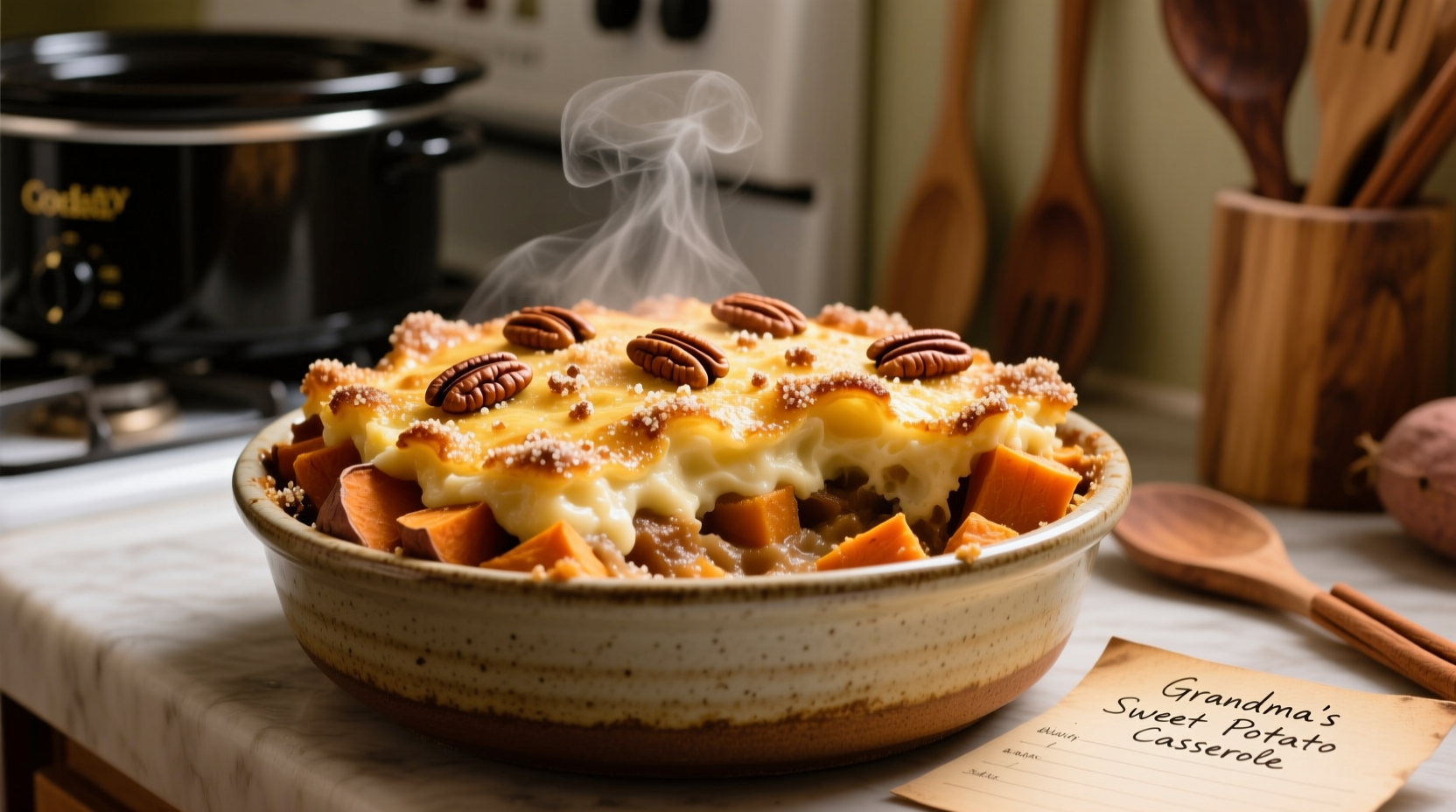 Sweet potato casserole with pecan topping in crock pot