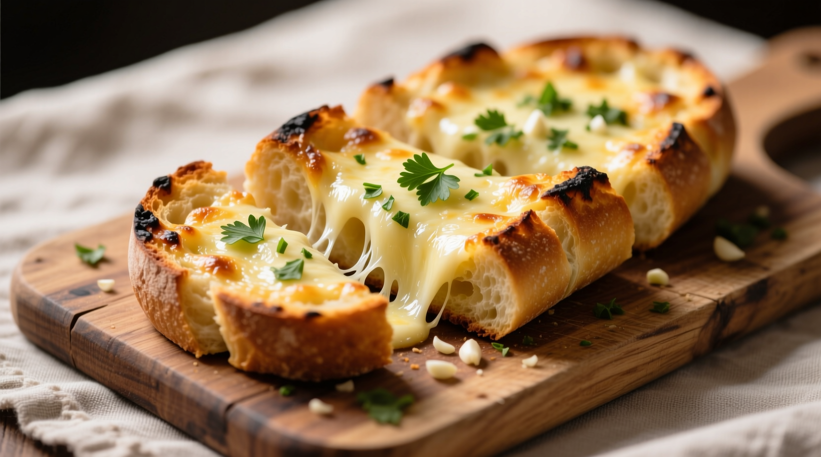 Golden garlic bread with melted mozzarella cheese