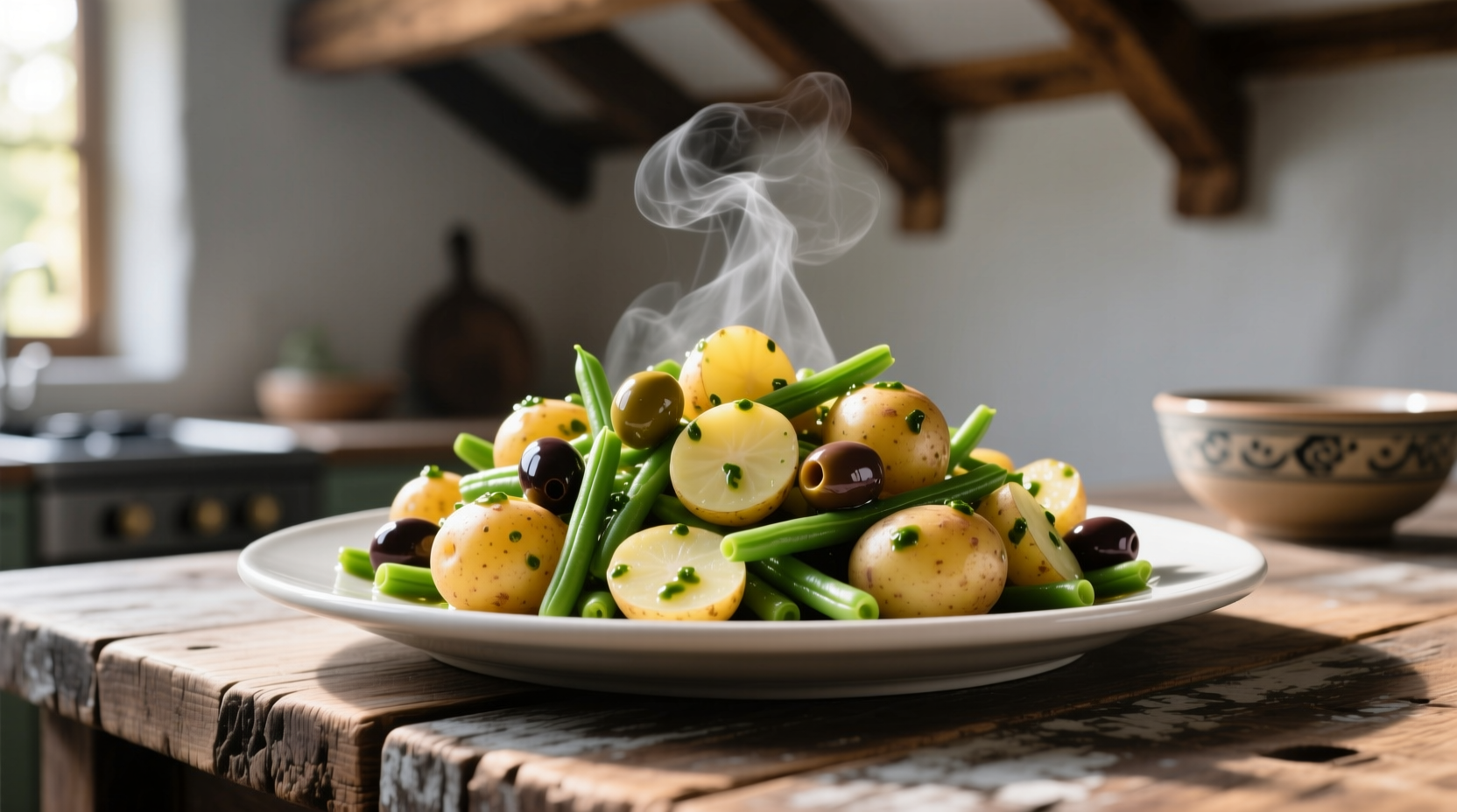 French potato salad with green beans, olives, and vinaigrette dressing on rustic wooden table