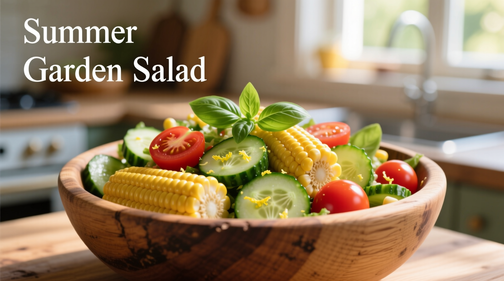 Fresh corn cucumber tomato salad in wooden bowl