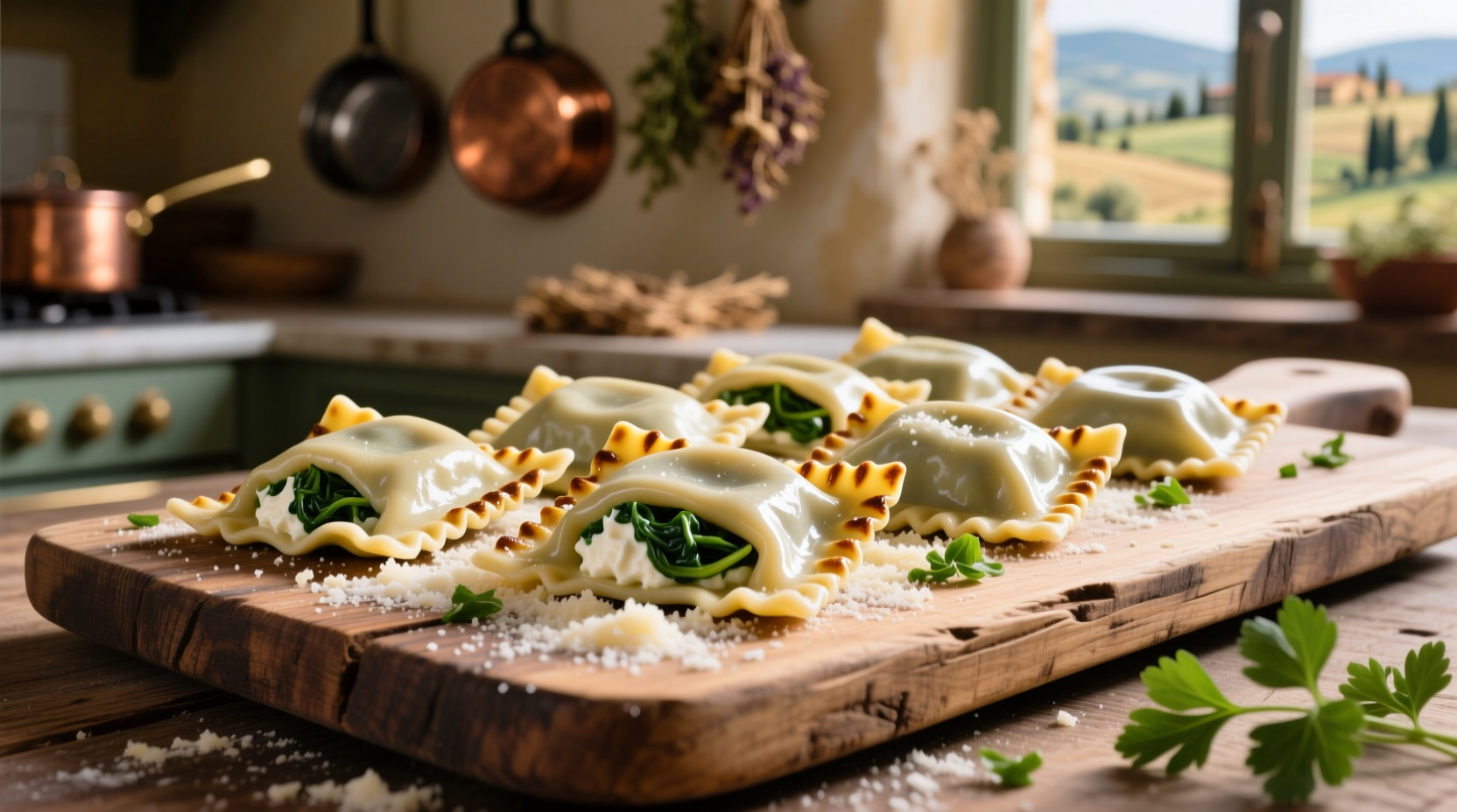 Homemade cheese and spinach ravioli on wooden board