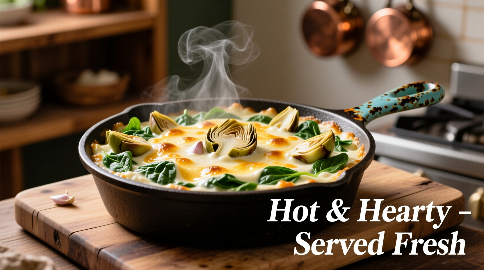 Creamy hot spinach and artichoke dip in cast iron skillet