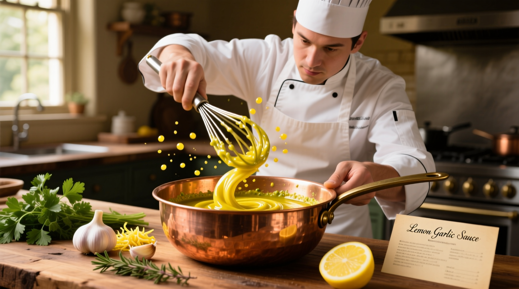 Chef whisking fresh lemon garlic sauce in copper bowl