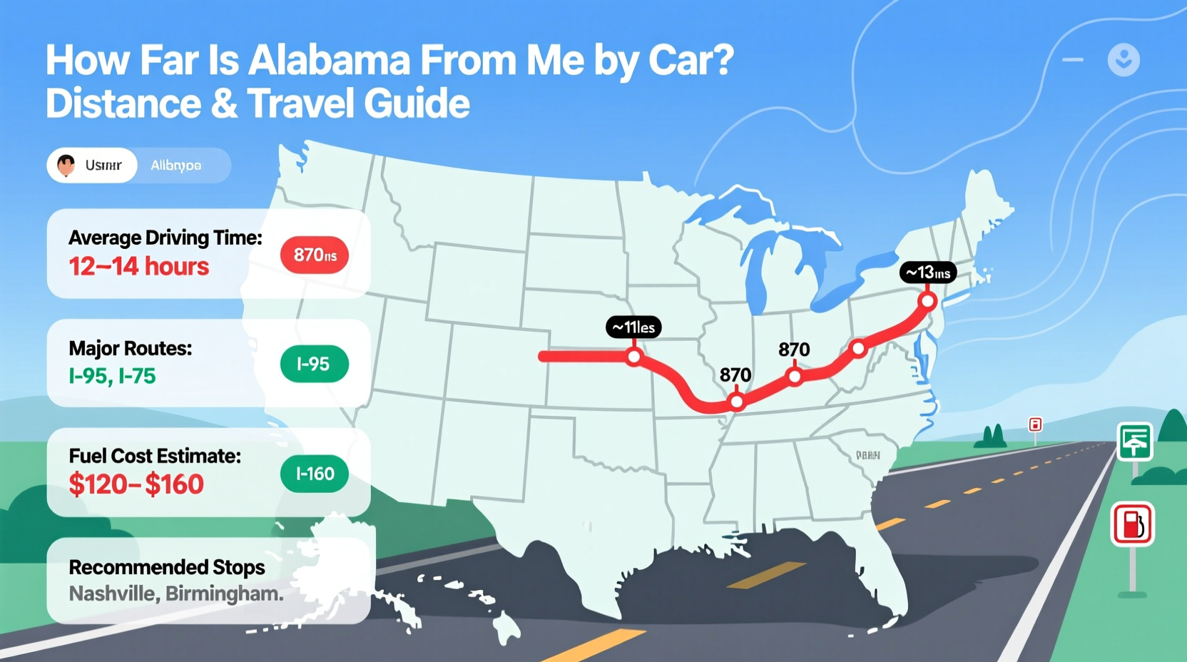 how far is alabama from me by car