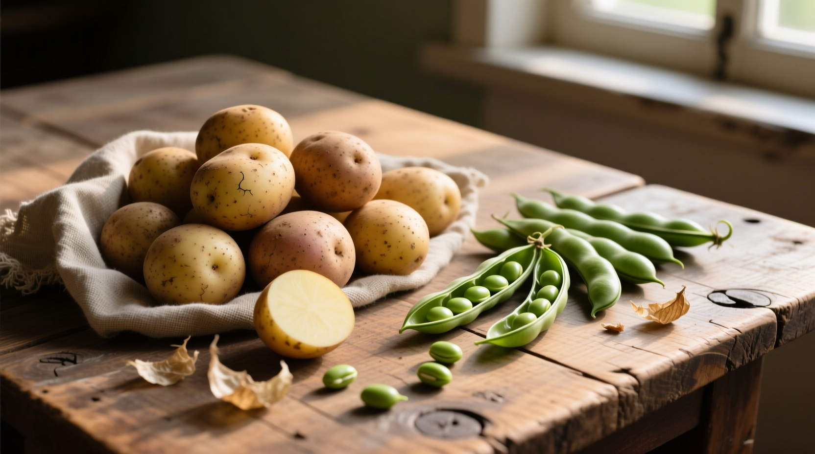 Potatoes and beans displayed separately on wooden table