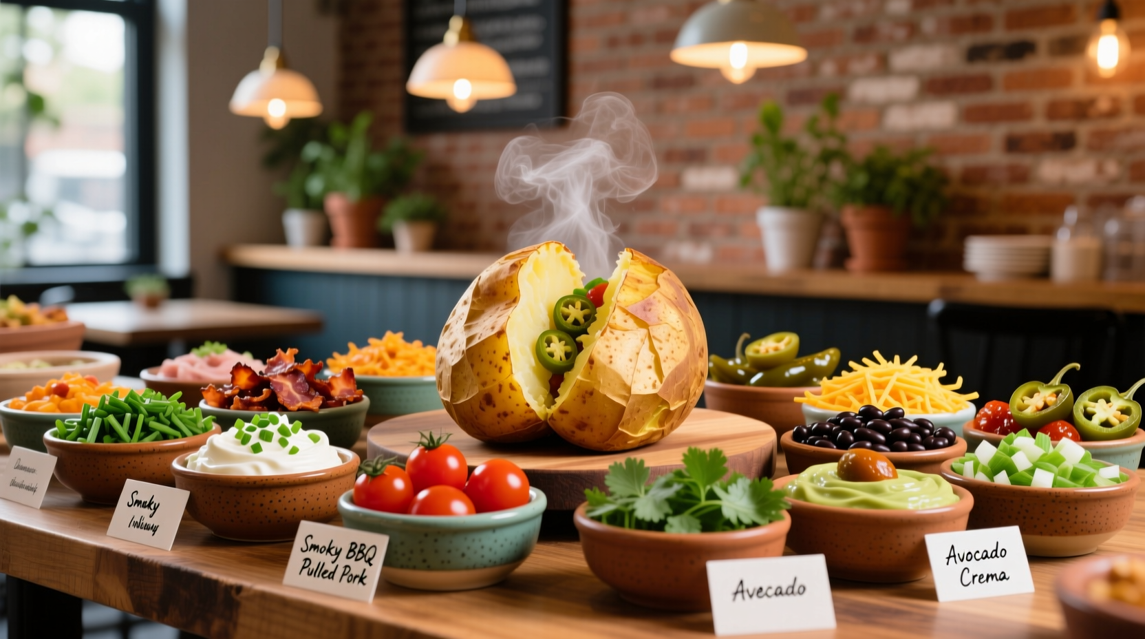 Colorful baked potato bar with various toppings