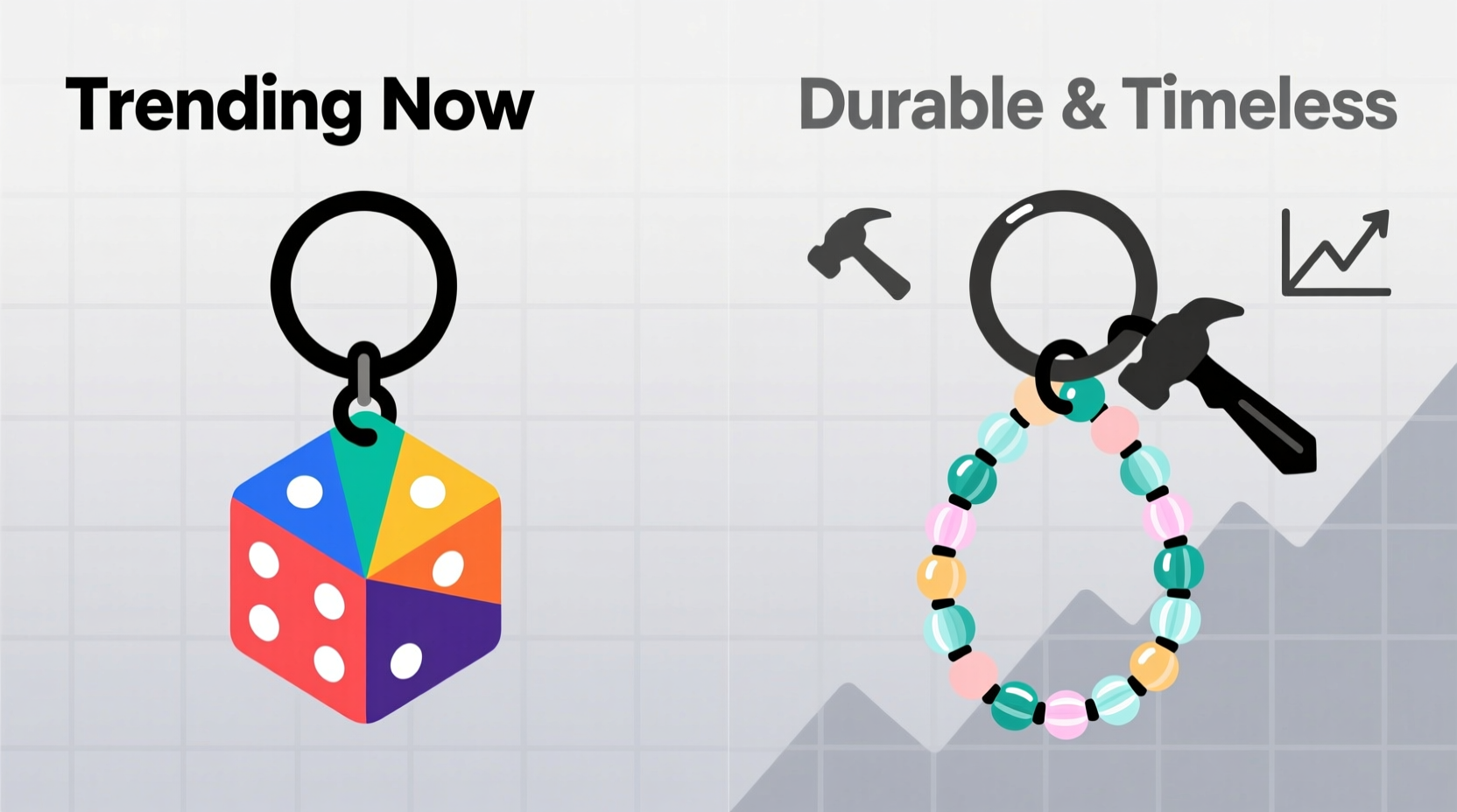 dice keychains vs beaded keychains which are trending and less likely to fall apart