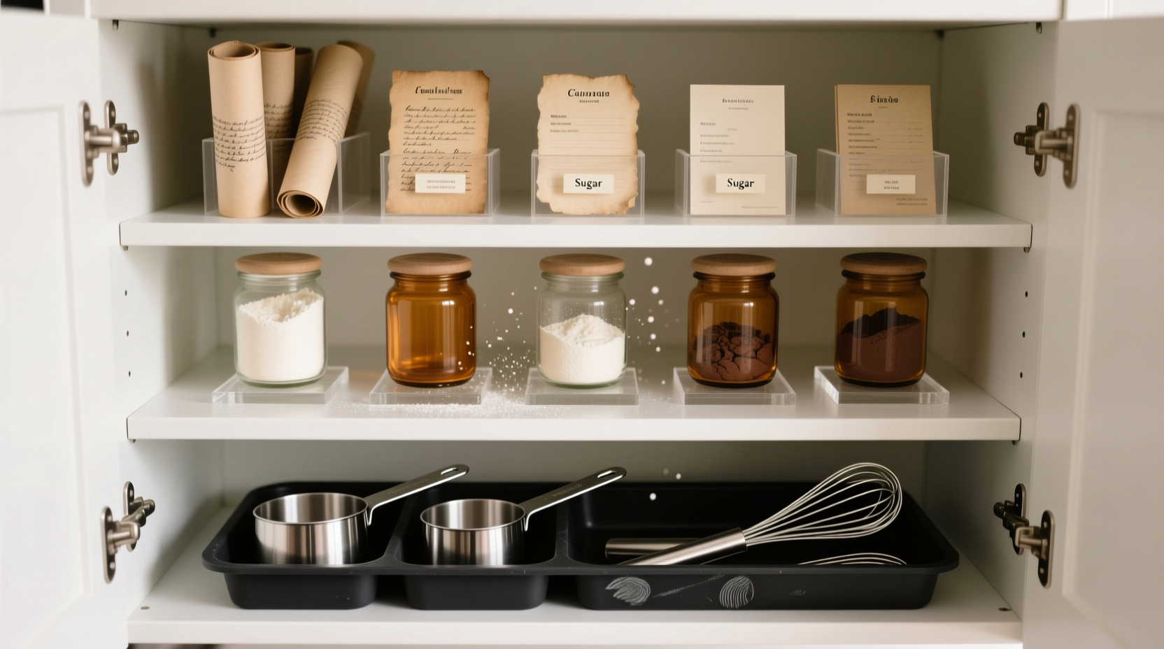 Overhead view of a shallow white cabinet interior showing three clearly defined horizontal zones: top shelf with labeled parchment rolls and recipe cards in upright slots, middle tier with identical amber glass jars of flour, sugar, and cocoa on staggered acrylic risers, bottom tier with stainless steel measuring cups and whisks angled upward in a black silicone-lined pull-out tray